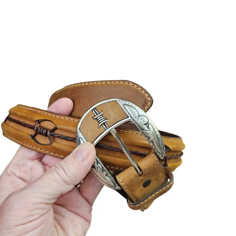 Justin Fenced In Mens 34 Leather Barbed Wire Western Belt C10817 Silver Buckle